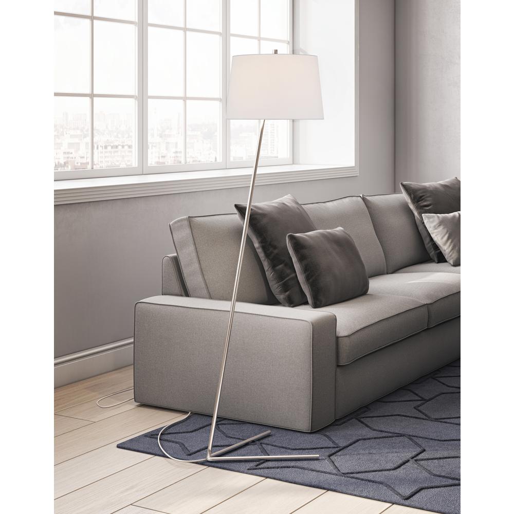 Markos Tilted Floor Lamp with Fabric Shade in Brushed Nickel/White. Picture 2