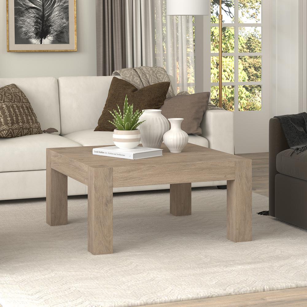 Langston 34" Wide Square Coffee Table in Antiqued Gray Oak. Picture 2