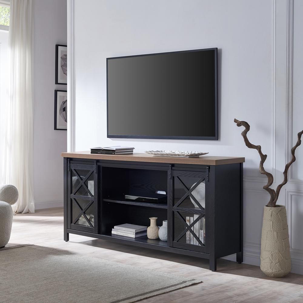 Clementine Rectangular TV Stand for TV's up to 80" in Black Grain/Golden Brown. Picture 2