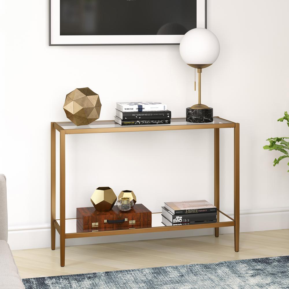 Hera 42'' Wide Rectangular Console Table with Glass Shelf in Brass. Picture 2