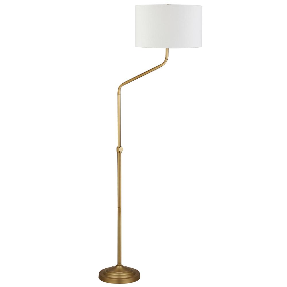 Callum Height-Adjustable Floor Lamp with Fabric Shade in Brushed Brass/White. Picture 1