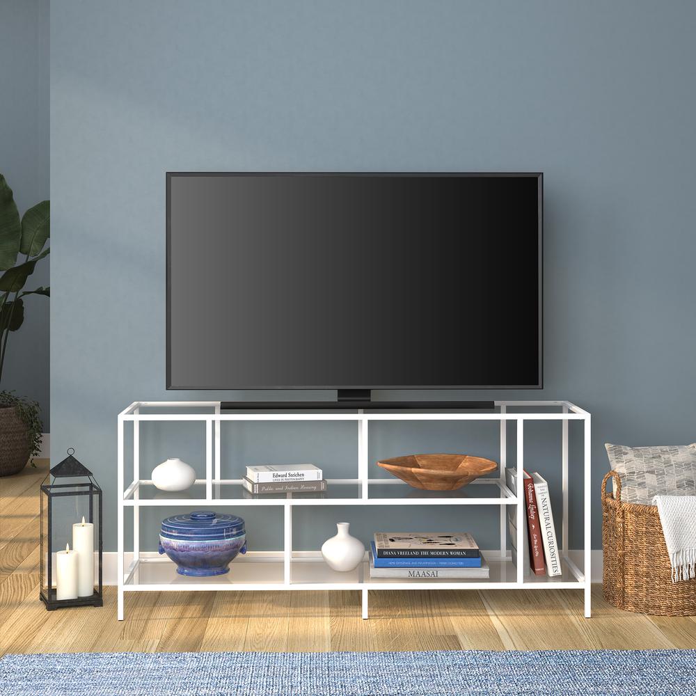 Winthrop Rectangular TV Stand with Glass Shelves for TV's up to 60" in Matte White. Picture 2