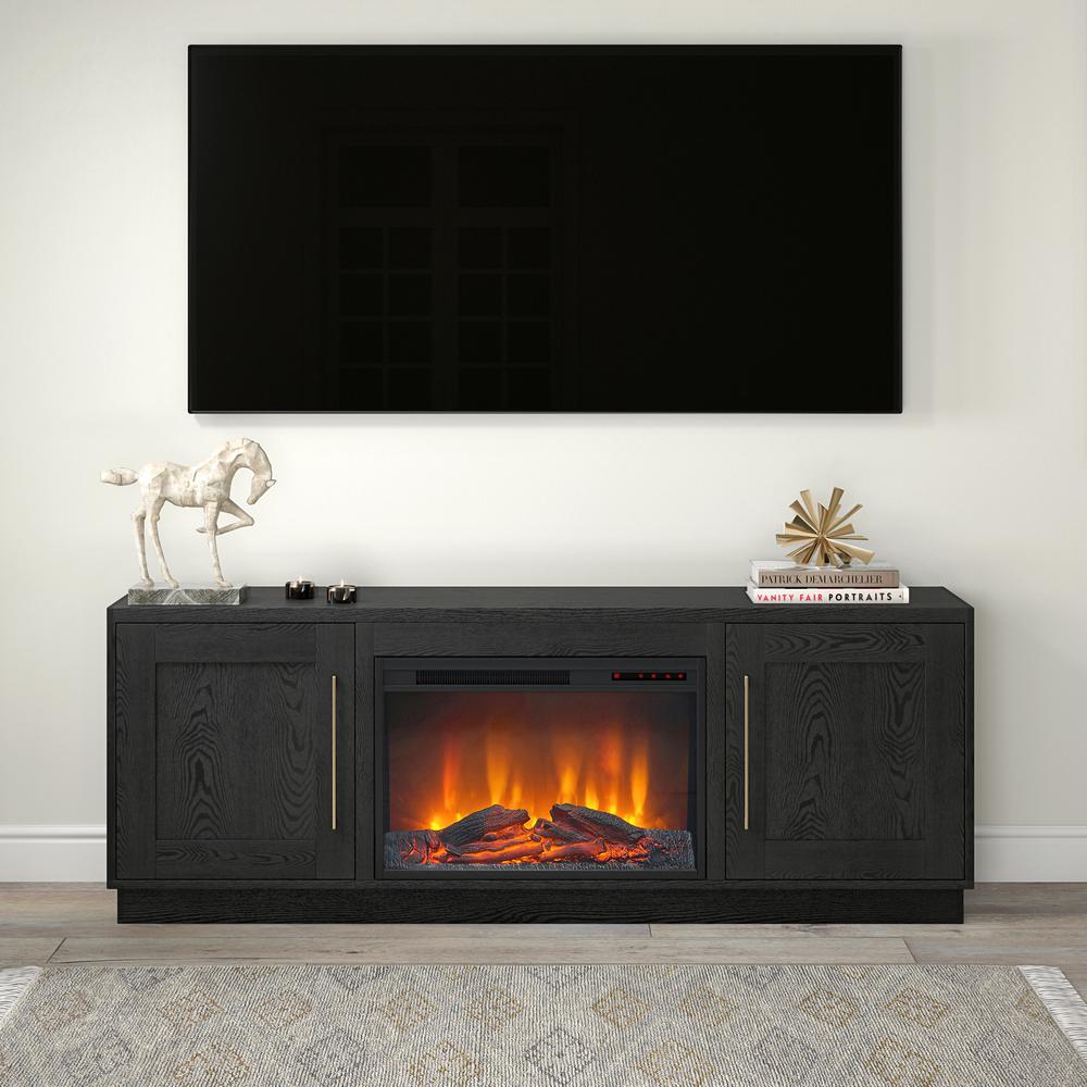 Tillman Rectangular TV Stand with Log Fireplace for TV's up to 80" in Black Grain. Picture 2