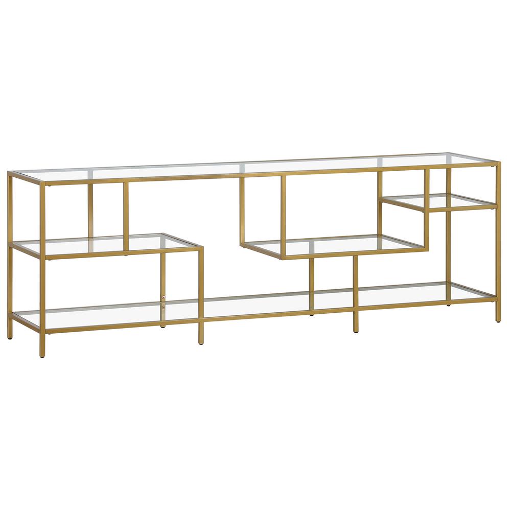 Deveraux Rectangular TV Stand with Glass Shelves for TV's up to 75" in Brass. Picture 1