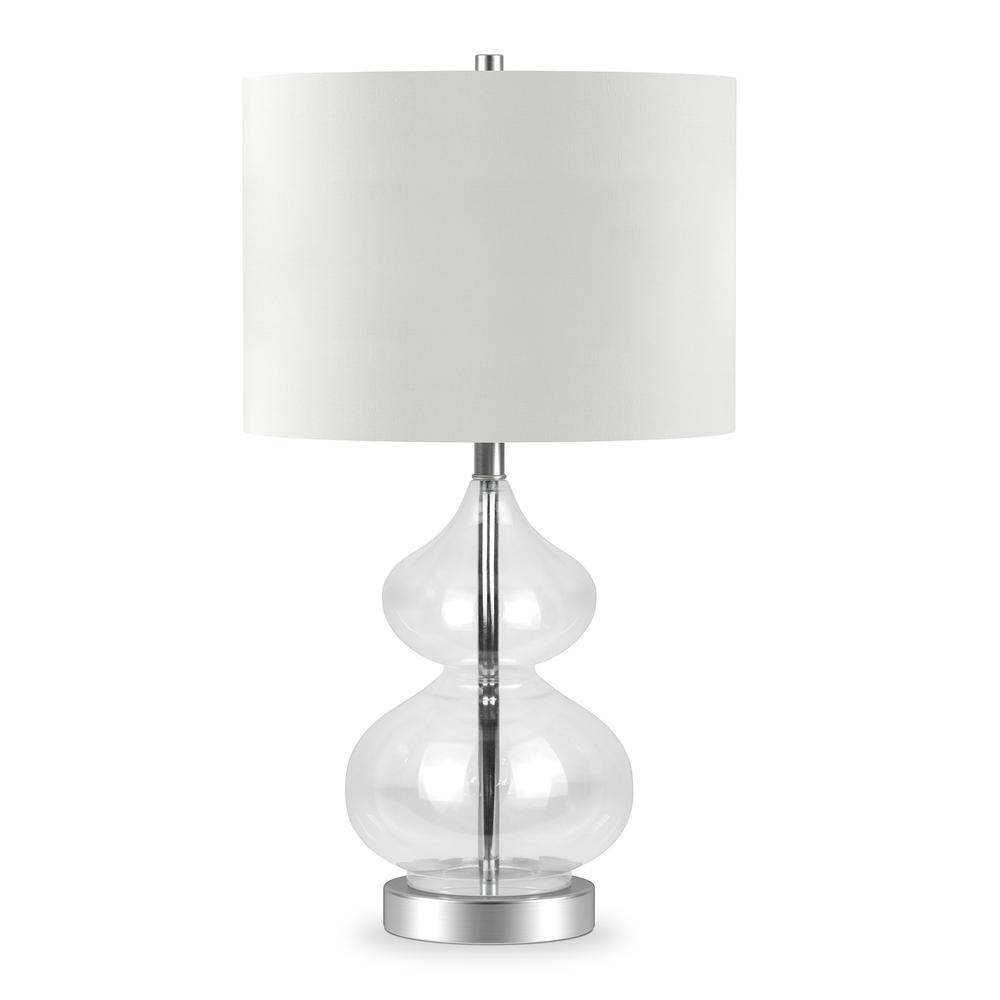 Katrin 23.5" Tall Table Lamp with Fabric Shade in Clear Glass/Satin Nickel/White. Picture 1