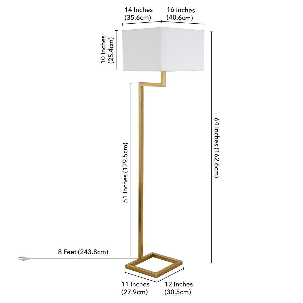 Xavier 64" Tall Floor Lamp with Fabric Shade in Brass/White. Picture 5