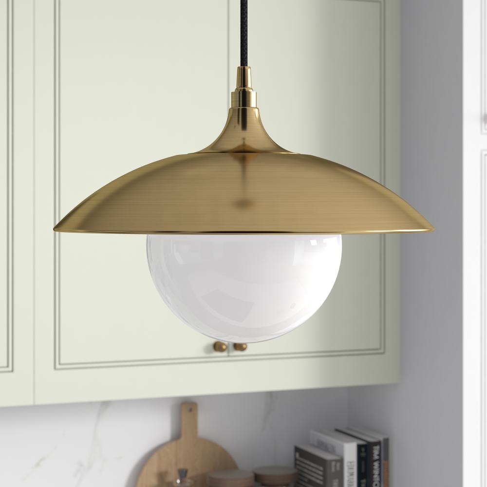 Alvia 14.5" Wide Pendant with Metal/Glass Shade in Brass/White. Picture 2