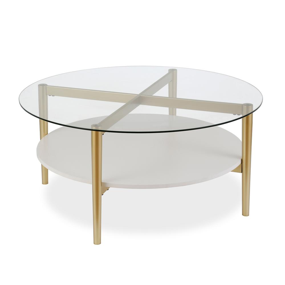 Otto 36'' Wide Round Coffee Table with MDF Shelf in Brass/White Lacquer. Picture 1