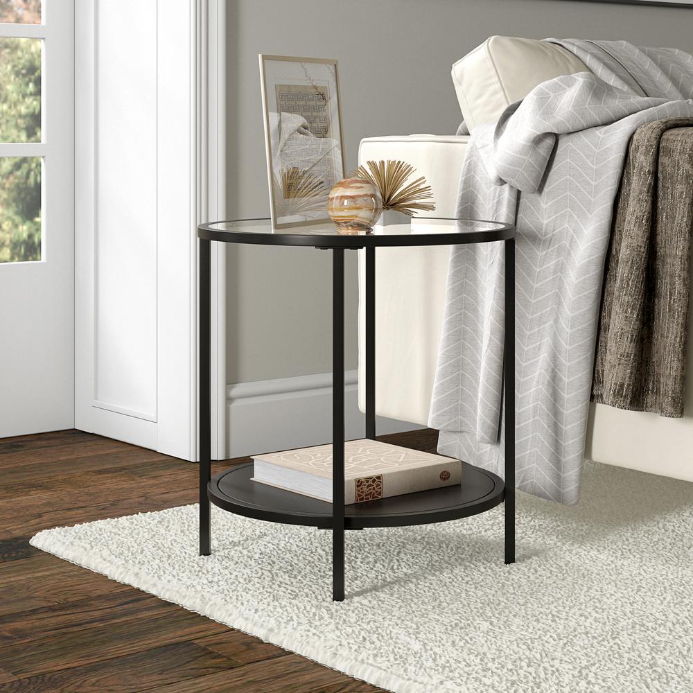 Sivil 20'' Wide Round Side Table with Metal Shelf in Blackened Bronze. Picture 2