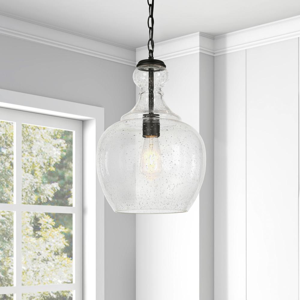 Verona 11" Wide Pendant with Glass Shade in Blackened Bronze/Seeded. Picture 2