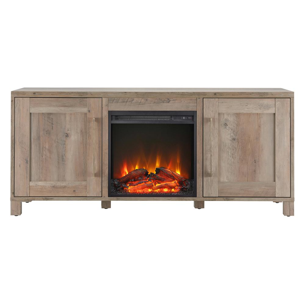 Chabot Rectangular TV Stand with Log Fireplace for TV's up to 65" in Gray Oak. Picture 3