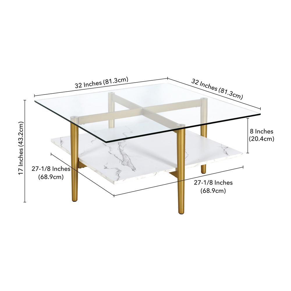 Otto 32" Wide Square Coffee Table with Faux Marble Shelf in Brass. Picture 5