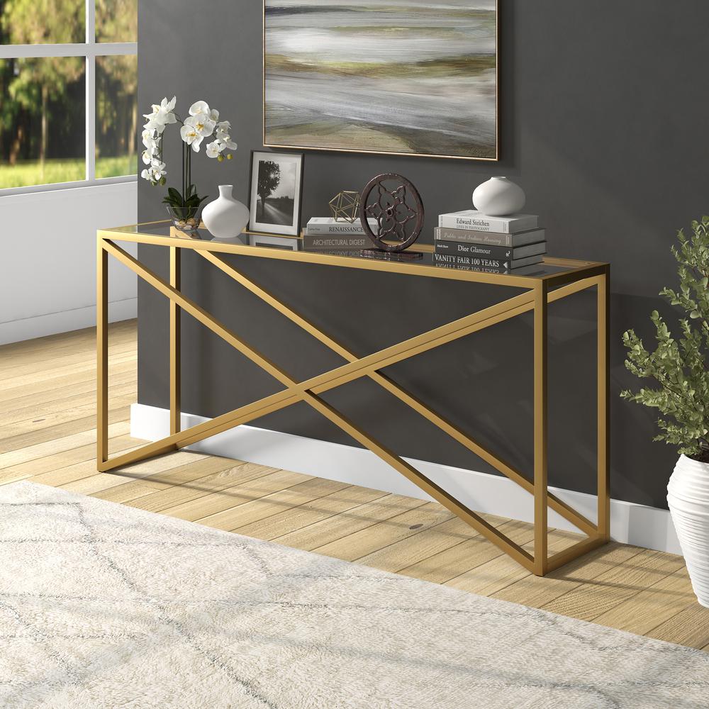 Calix 64'' Wide Rectangular Console Table in Brass. Picture 2