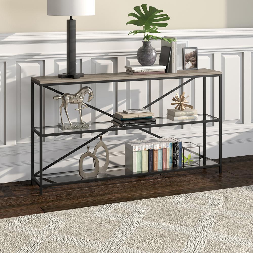 Fionn 55" Wide Rectangular Console Table in Blackened Bronze/Antiqued Gray Oak. Picture 7
