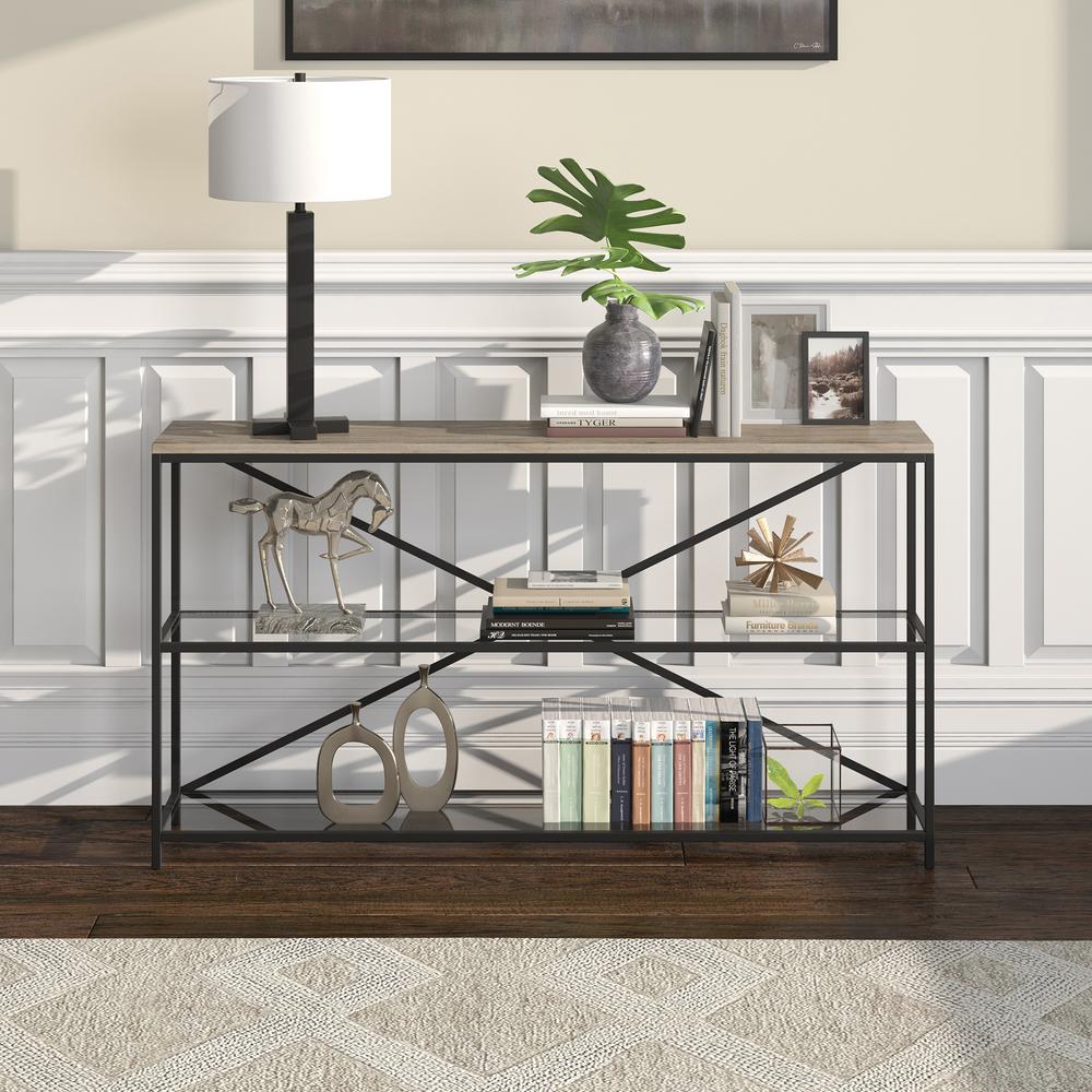 Fionn 55" Wide Rectangular Console Table in Blackened Bronze/Antiqued Gray Oak. Picture 8