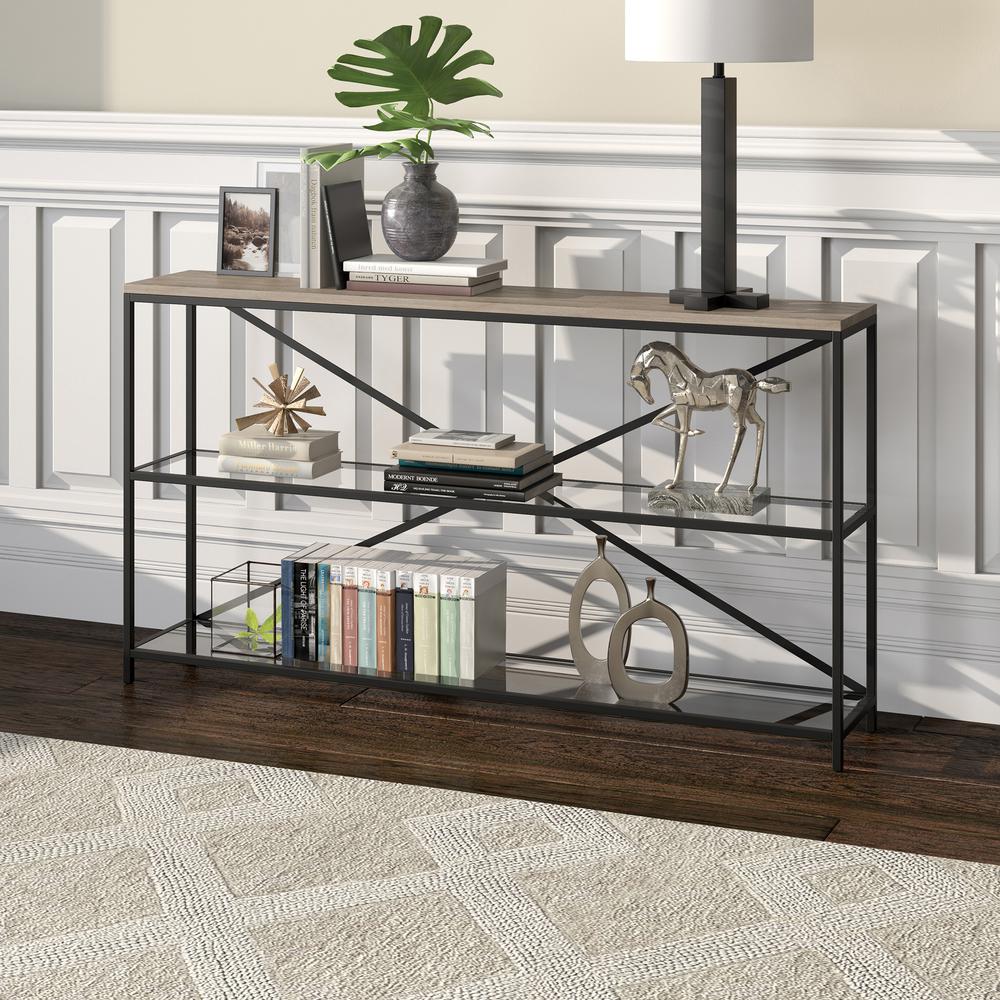 Fionn 55" Wide Rectangular Console Table in Blackened Bronze/Antiqued Gray Oak. Picture 9