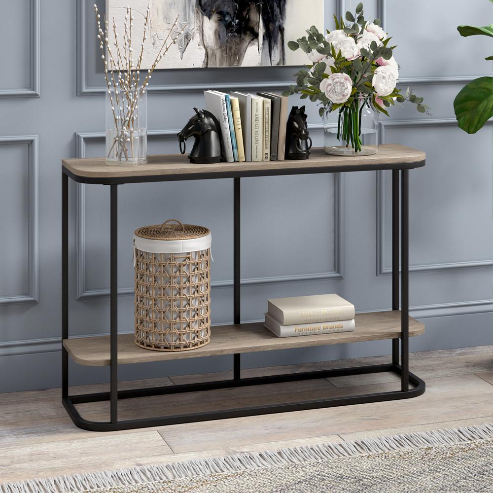 Selene 45" Wide Rectangular Console Table in Blackened Bronze/Antiqued Gray Oak. Picture 7