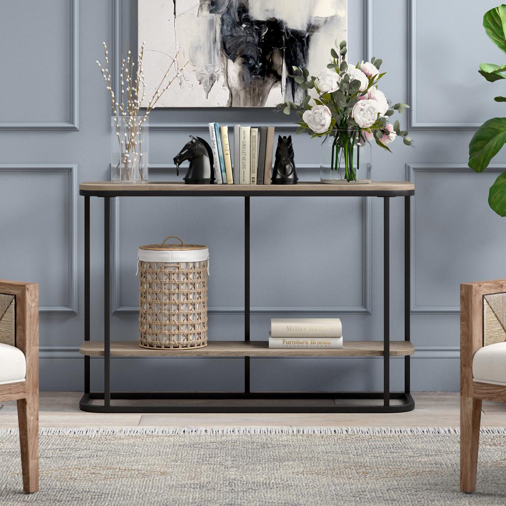 Selene 45" Wide Rectangular Console Table in Blackened Bronze/Antiqued Gray Oak. Picture 8