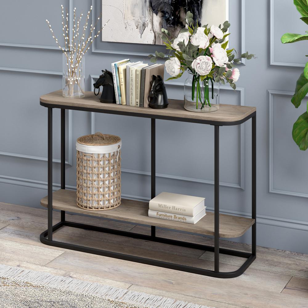 Selene 45" Wide Rectangular Console Table in Blackened Bronze/Antiqued Gray Oak. Picture 9