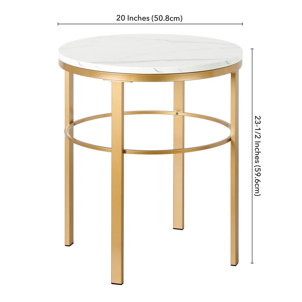 Gaia 20" Wide Round Side Table with Faux Marble Top in Brass/Faux Marble. Picture 4