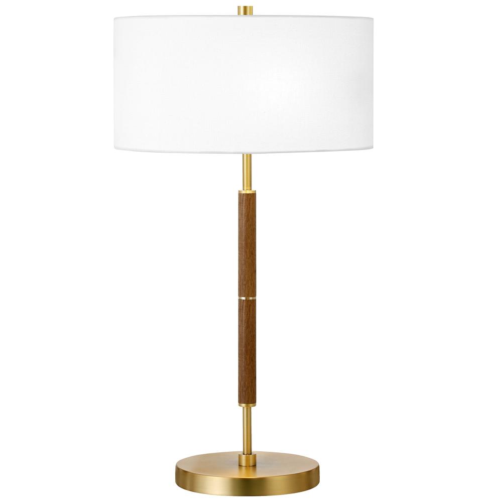 Simone 25" Tall 2-Light Table Lamp with Fabric Shade in Rustic Oak/Brass/White. Picture 1