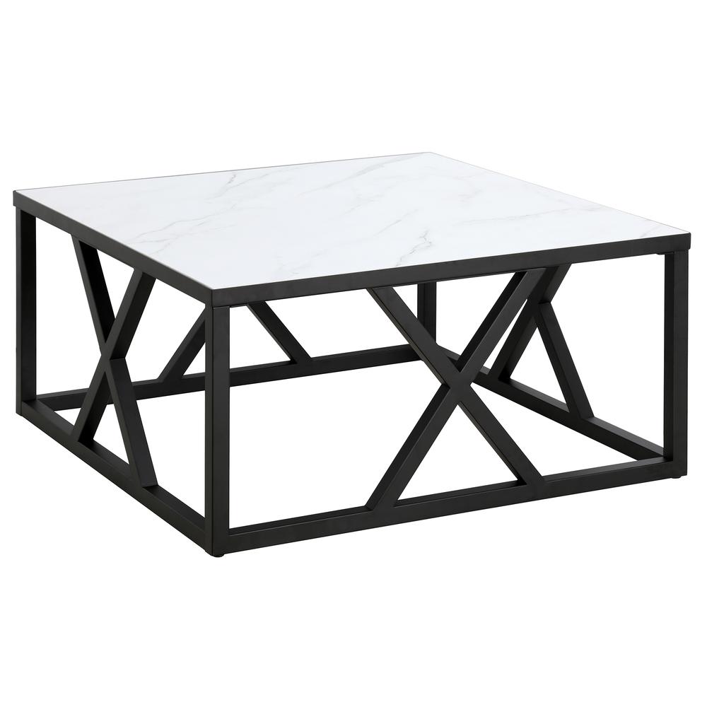 Jedrek 35'' Wide Square Coffee Table with Faux Marble Top in Blackened Bronze. Picture 1