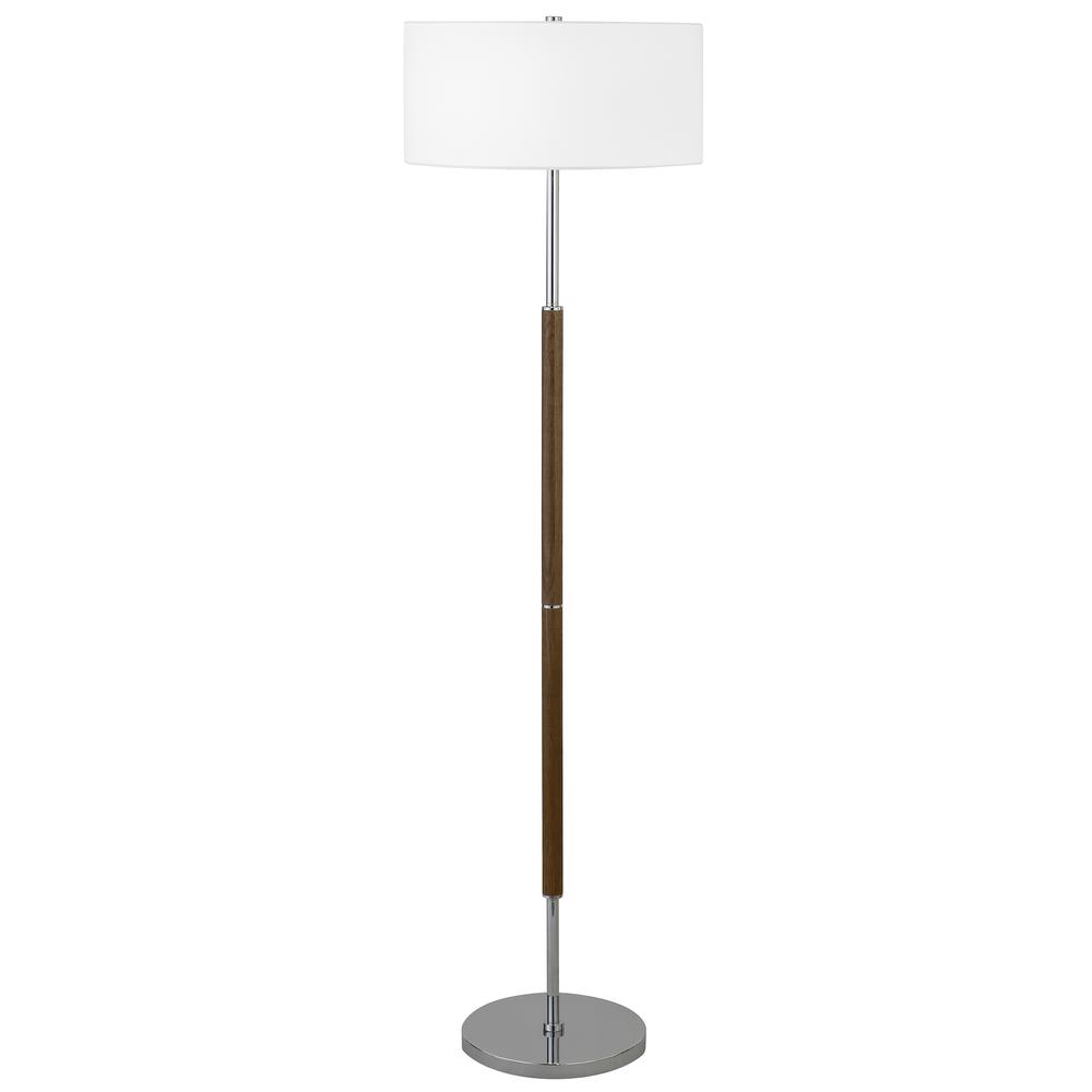 Simone 2-Light Floor Lamp with Fabric Shade in Rustic Oak/Polished Nickel/White. Picture 1