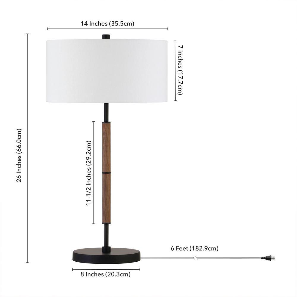 Simone 25" Tall 2-Light Table Lamp with Fabric Shade in Blackened Bronze/Rustic Oak/White. Picture 5