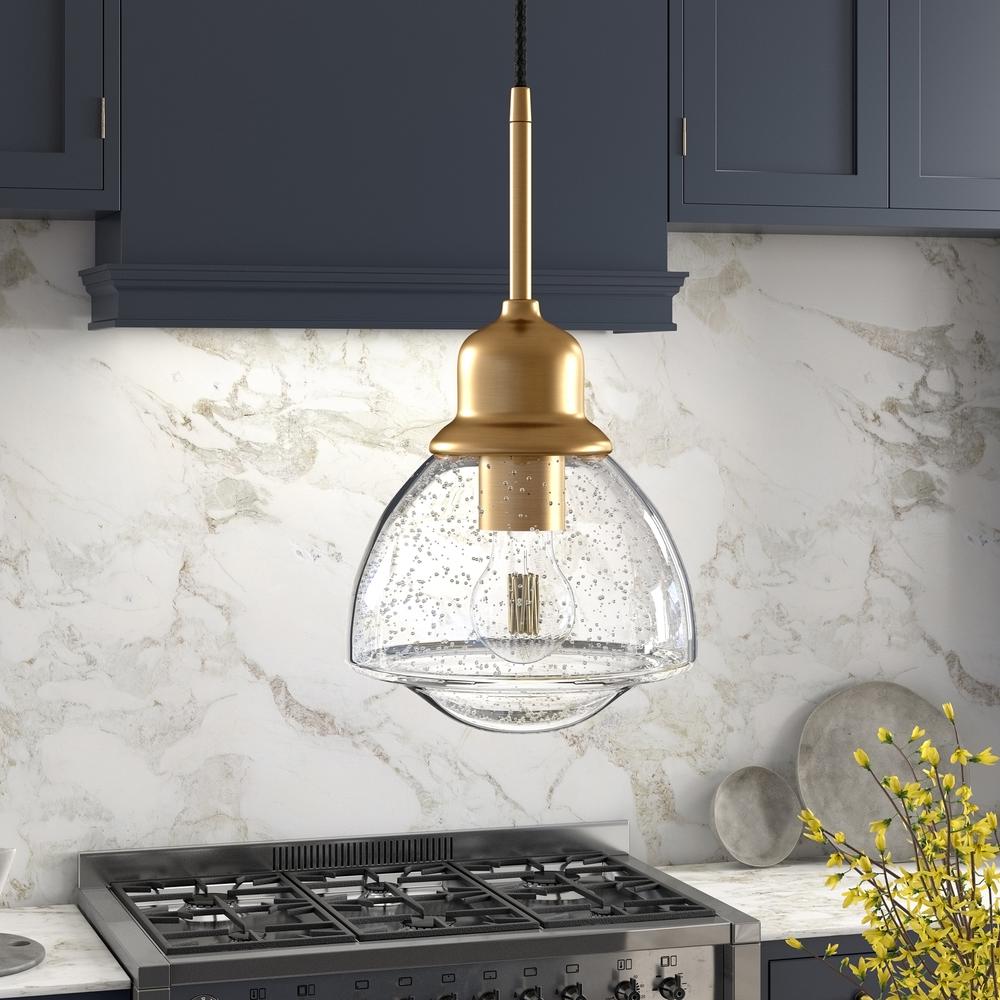 Brooks 8.12" Wide Pendant with Glass Shade in Brass/Seeded. Picture 2