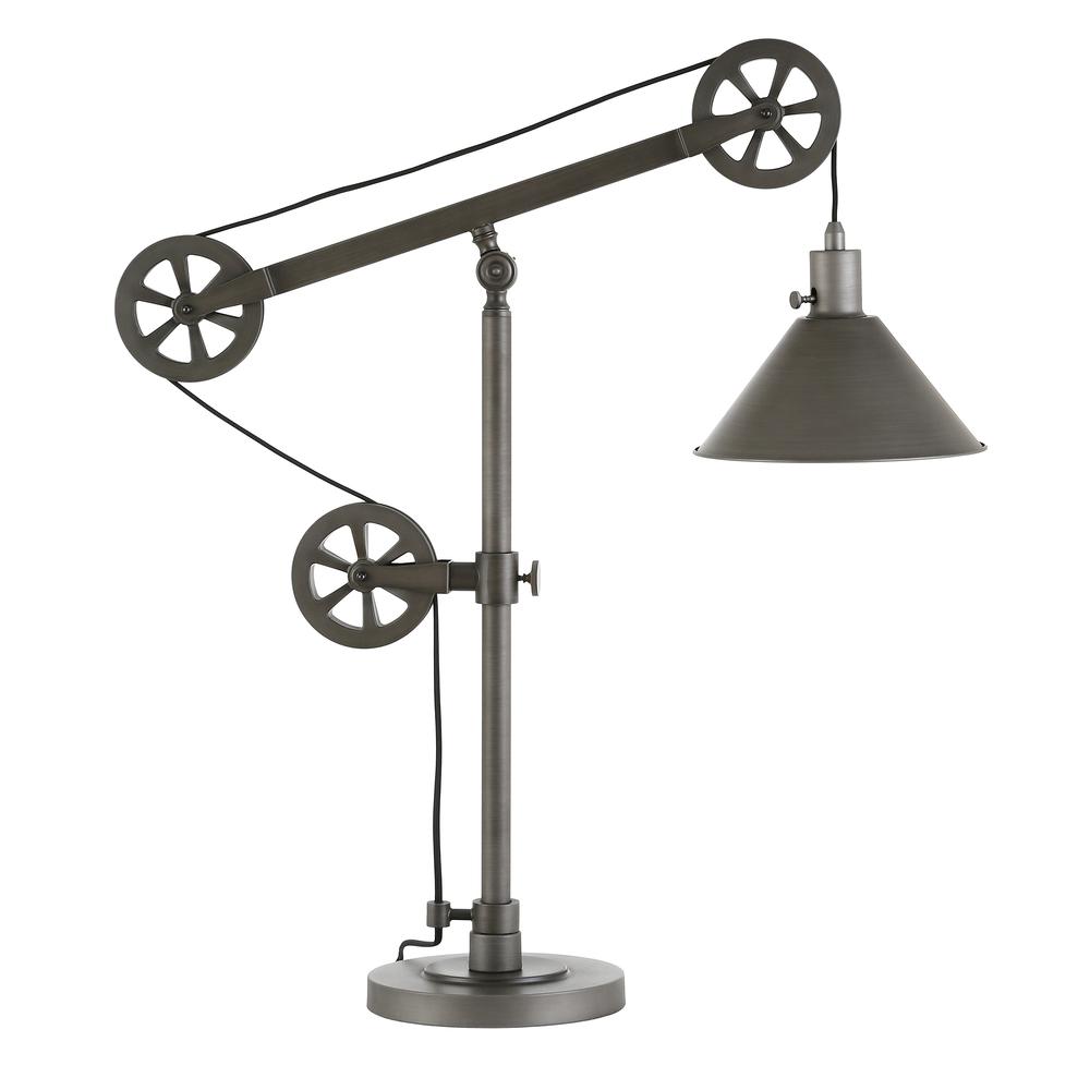 Descartes 29" Tall Pulley System Table Lamp with Metal Shade in Aged Steel/Aged Steel. Picture 1