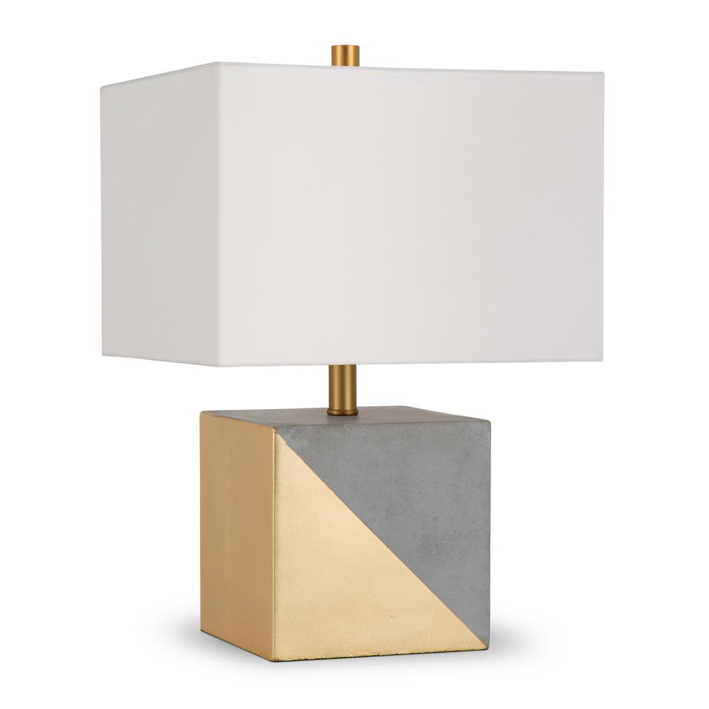 Severin 18.5" Tall Gold-Dipped Concrete Table Lamp with Fabric Shade in Gold and Concrete/White. Picture 1