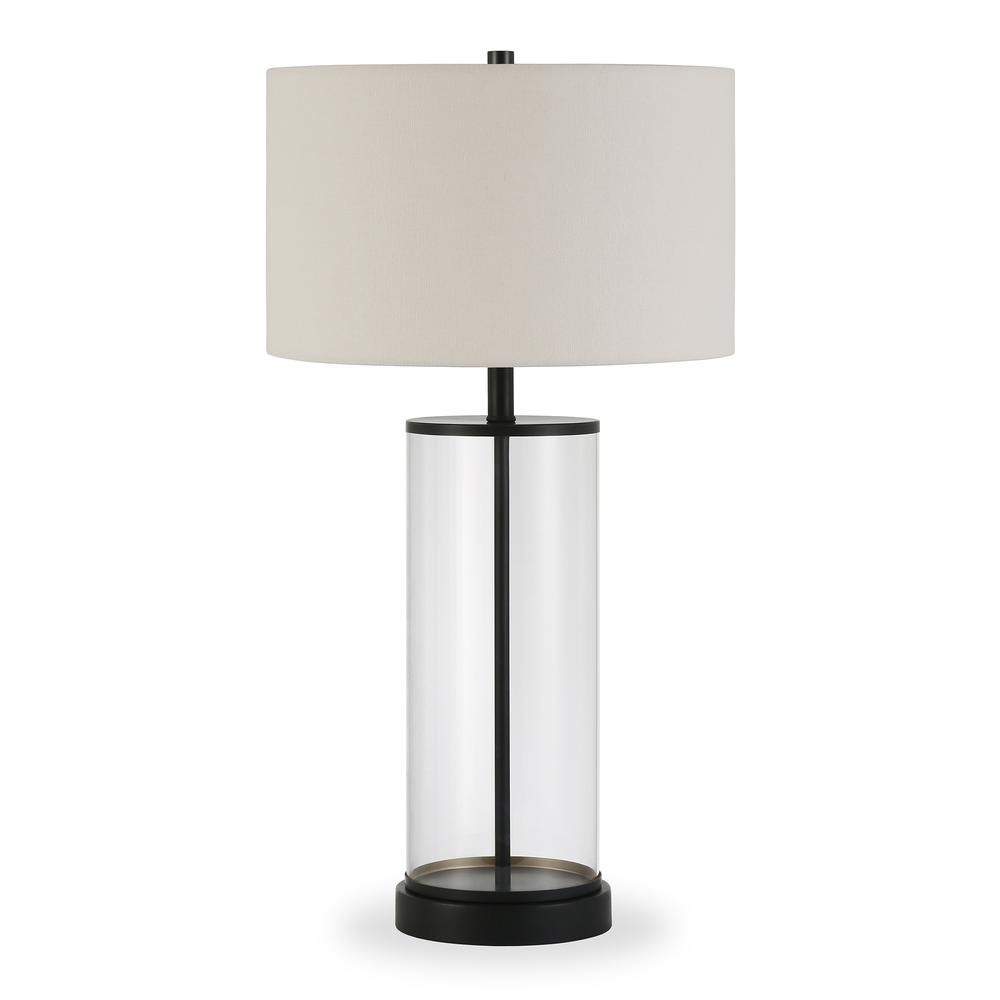 Rowan 28" Tall Table Lamp with Fabric Shade in Blackened Bronze/White. Picture 1