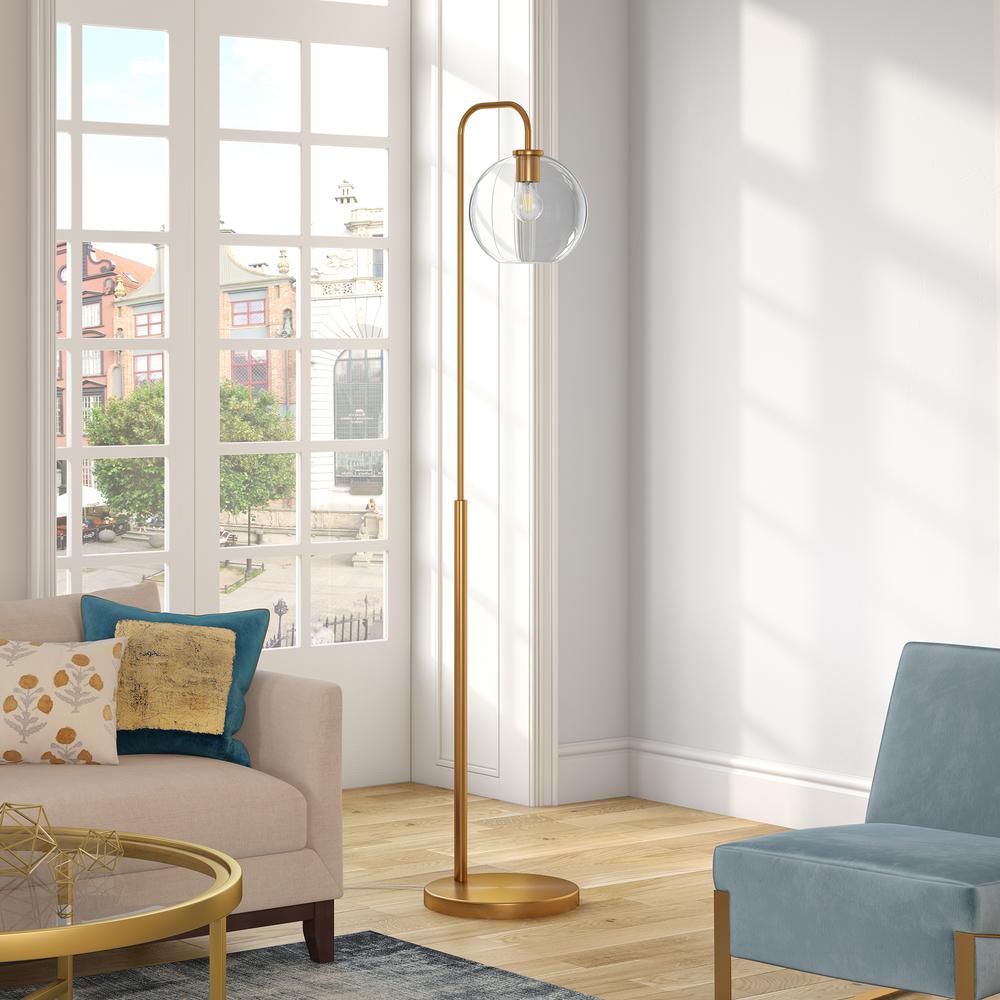 Harrison Arc Floor Lamp with Glass Shade in Brass/Clear. Picture 2