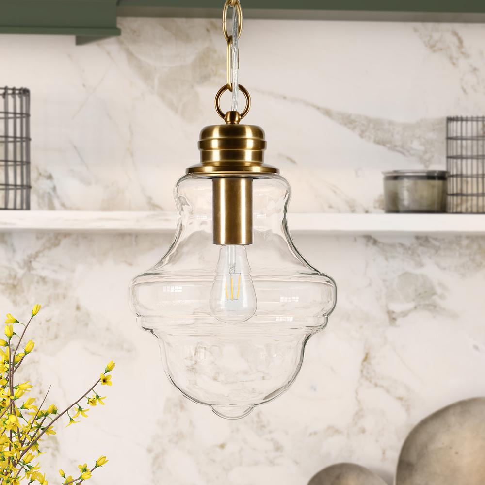 Annie 9.13" Wide Pendant with Glass Shade in Brass/Clear. Picture 2
