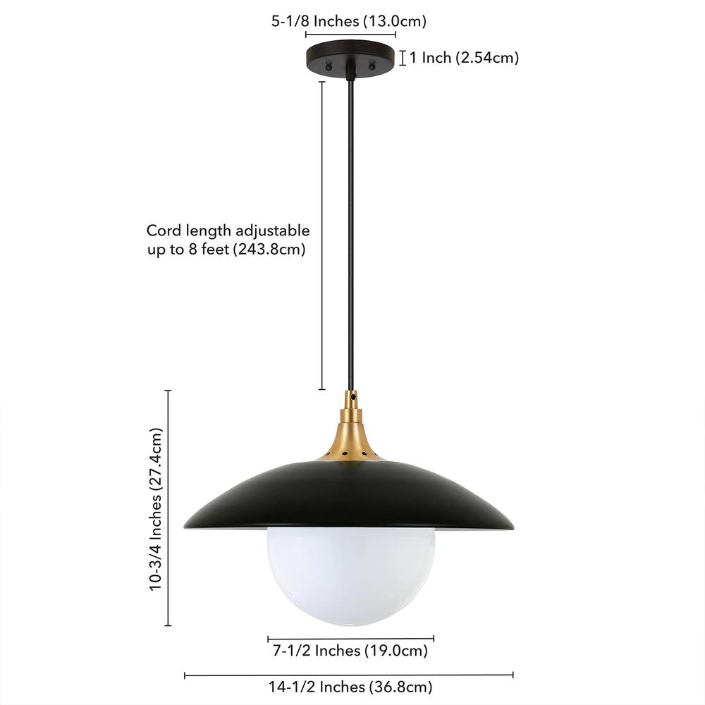 Alvia 14.5" Wide Pendant with Metal/Glass Shade in Matte Black/Brass/White. Picture 5