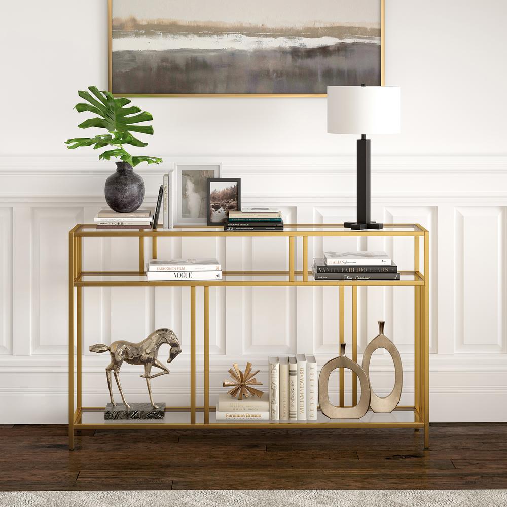 Cortland 48'' Wide Rectangular Console Table with Glass Shelves in Brass. Picture 4