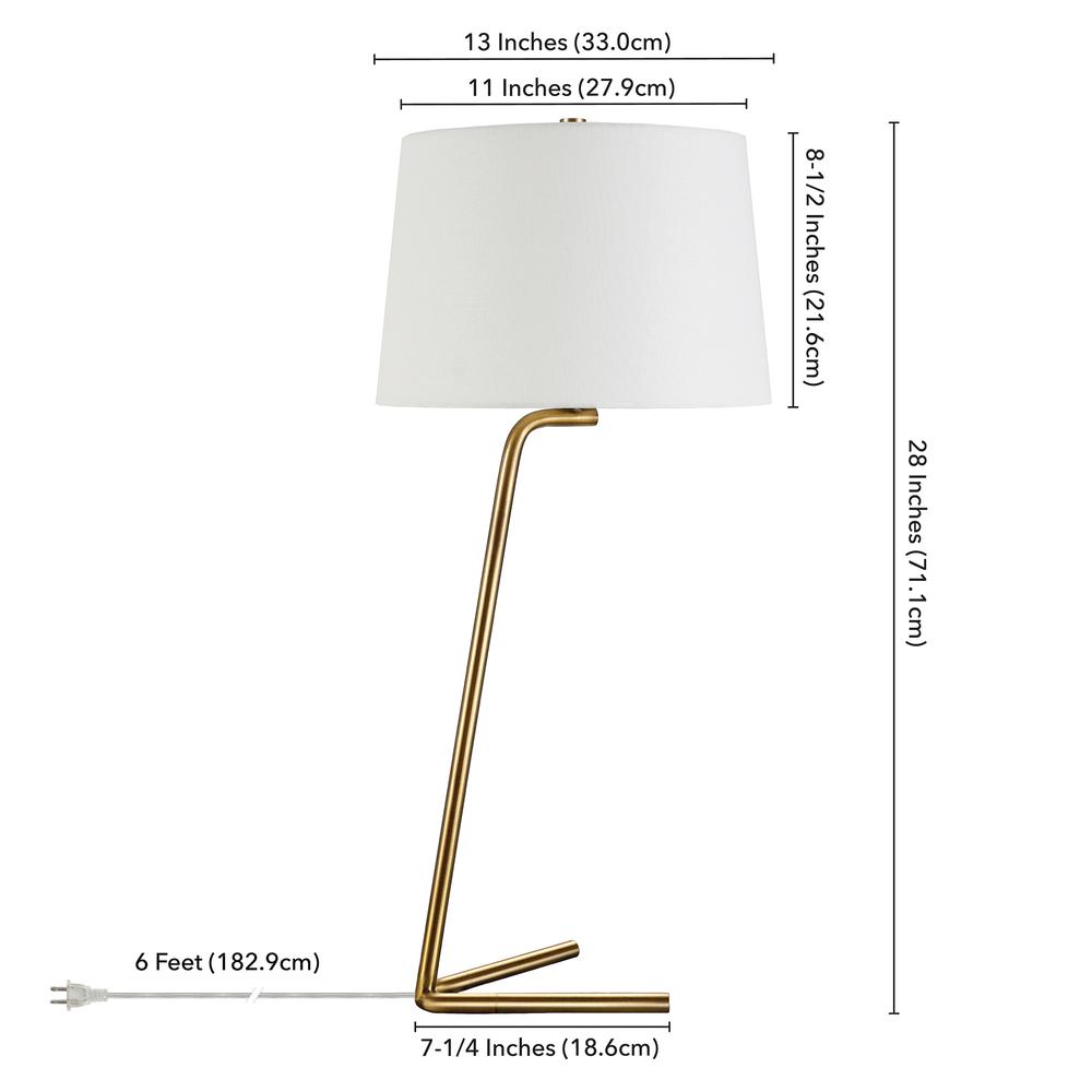 Markos 28.5" Tall Tilted Table Lamp with Fabric Shade in Brushed Brass/White. Picture 4