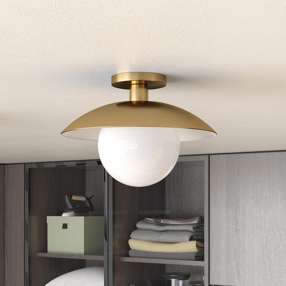 Alvia 14.5" Wide Semi Flush Mount with Metal/Glass Shade in Brass/White. Picture 2