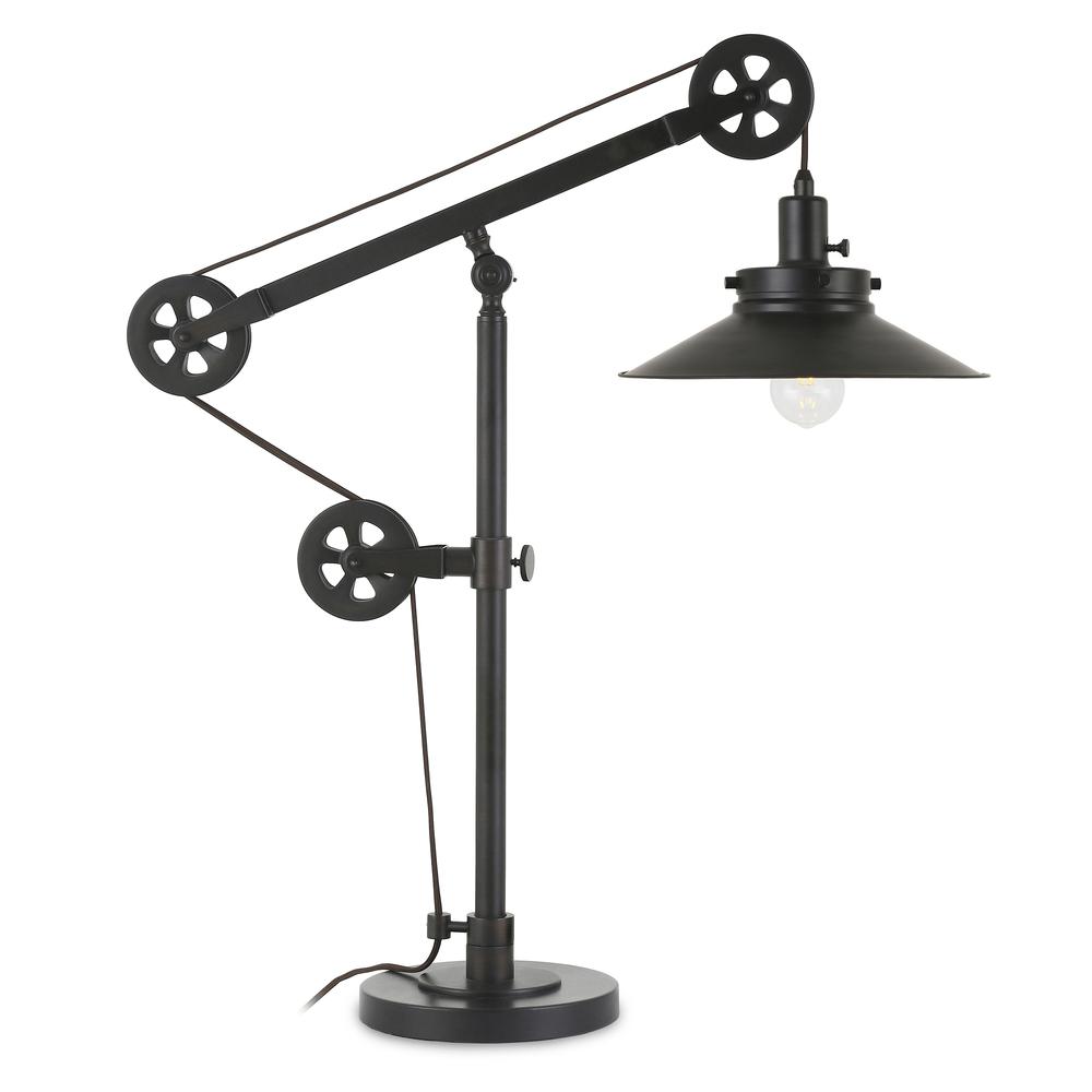Descartes 29" Tall Wide Brim/Pulley System Table Lamp with Metal Shade in Blackened Bronze/Blackened Bronze. Picture 1