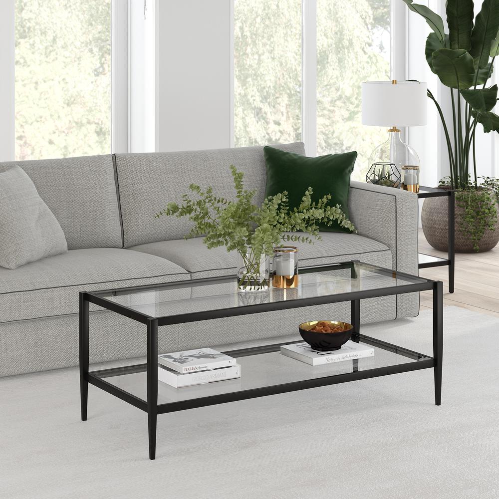 Hera 45'' Wide Rectangular Coffee Table with Glass Shelf in Blackened Bronze. Picture 2