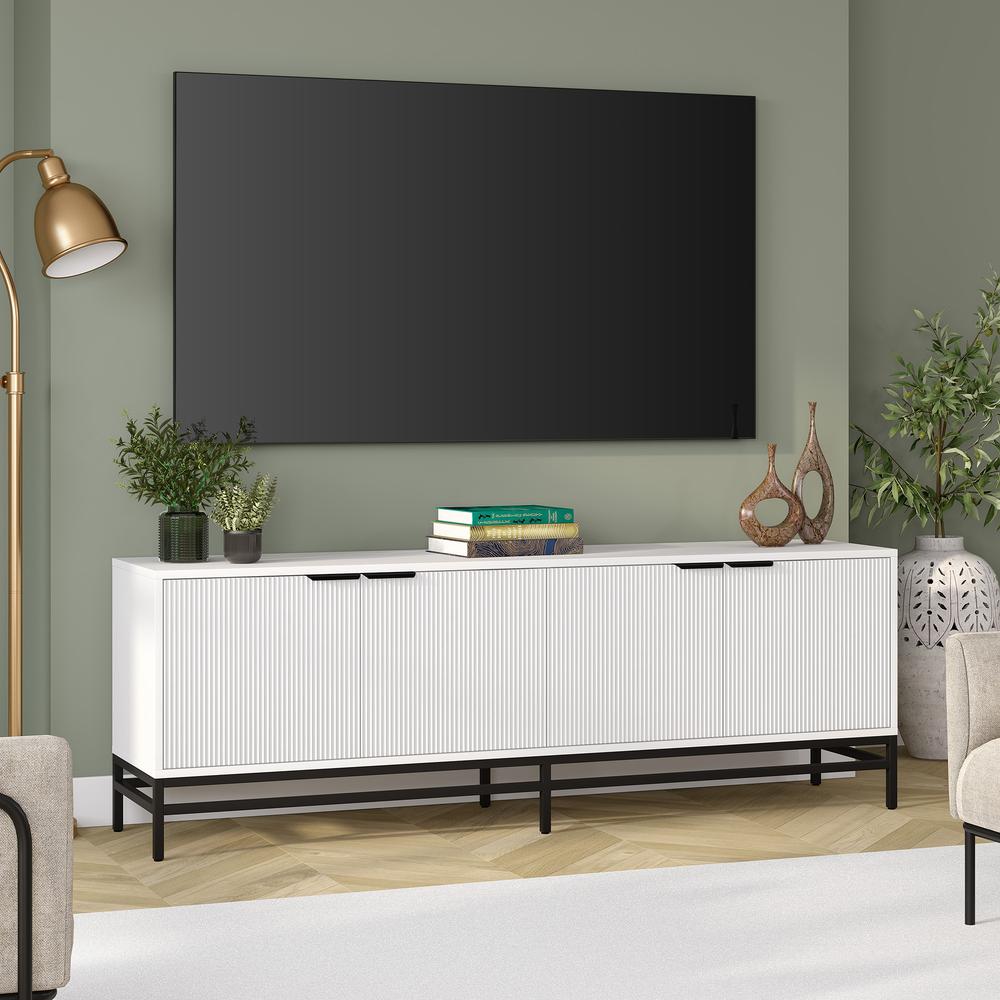 Montello Rectangular TV Stand for TV's up to 78" in White. Picture 4