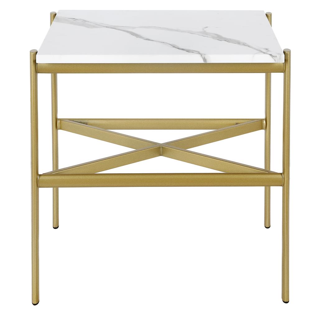 Braxton 21.25'' Wide Rectangular Side Table with Faux Marble Top in Gold. Picture 3