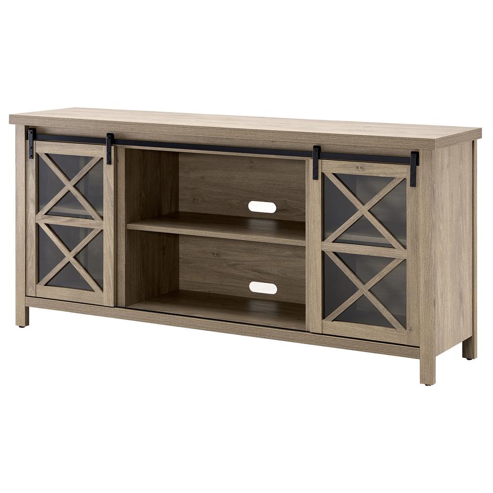 Clementine Rectangular TV Stand for TV's up to 80" in Antiqued Gray Oak. Picture 2