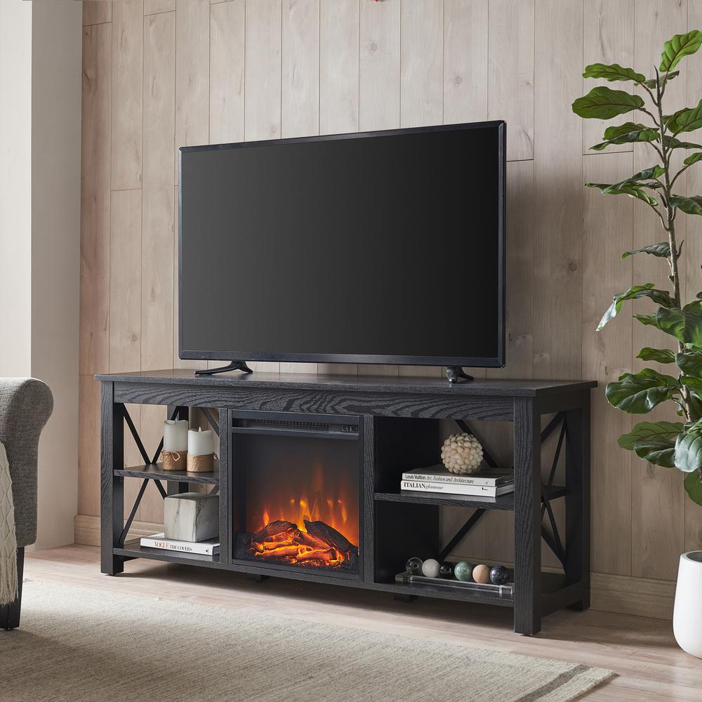 Sawyer Rectangular TV Stand with Log Fireplace for TV's up to 65" in Black. Picture 2