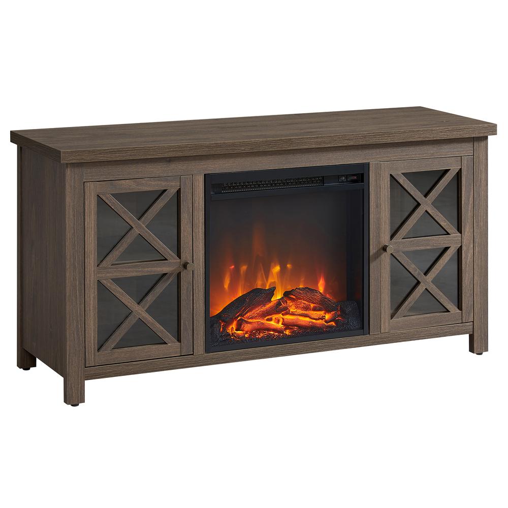 Colton Rectangular TV Stand with Log Fireplace for TV's up to 55" in Alder Brown. Picture 1