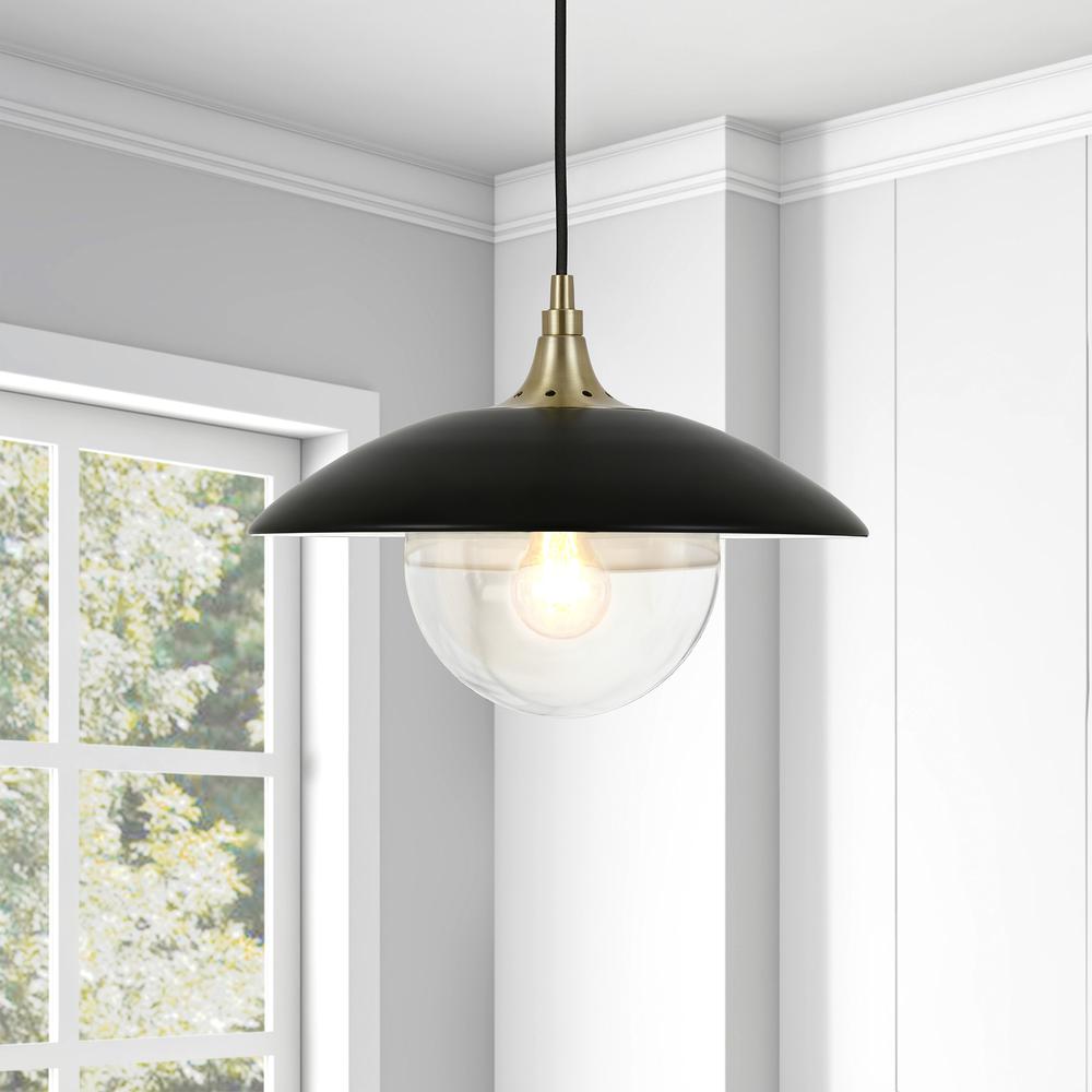 Alvia 14.5" Wide Pendant with Metal/Glass Shade in Matte Black/Brass/Matte Black. Picture 4