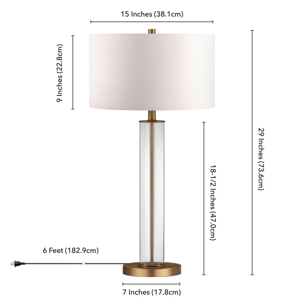 Harlow 29" Tall Table Lamp with Fabric Shade in Clear Glass/Brass/White. Picture 4
