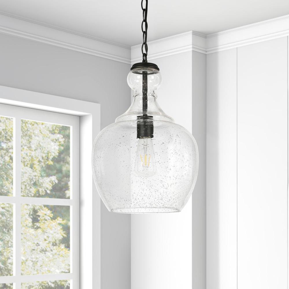 Verona 11" Wide Pendant with Glass Shade in Blackened Bronze/Seeded. Picture 4