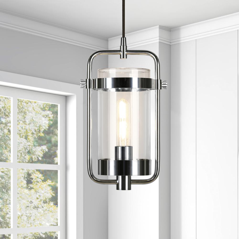 Orion 11" Wide Industrial Pendant with Glass Shade in Polished Nickel/Clear. Picture 2