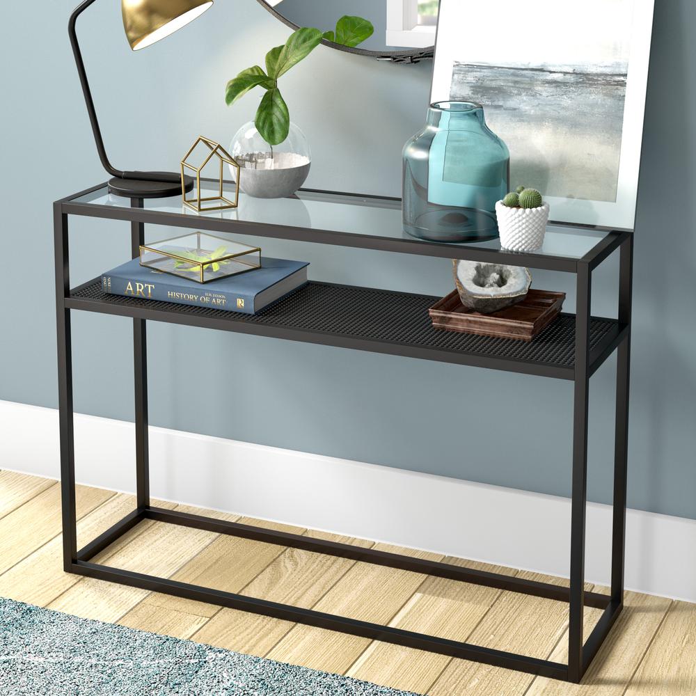 Nellie 42'' Wide Rectangular Console Table with Metal Mesh Shelf in Blackened Bronze. Picture 2